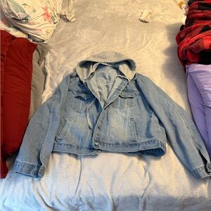 Plus Size Women's Casual Denim Jacket with Detachable Hood